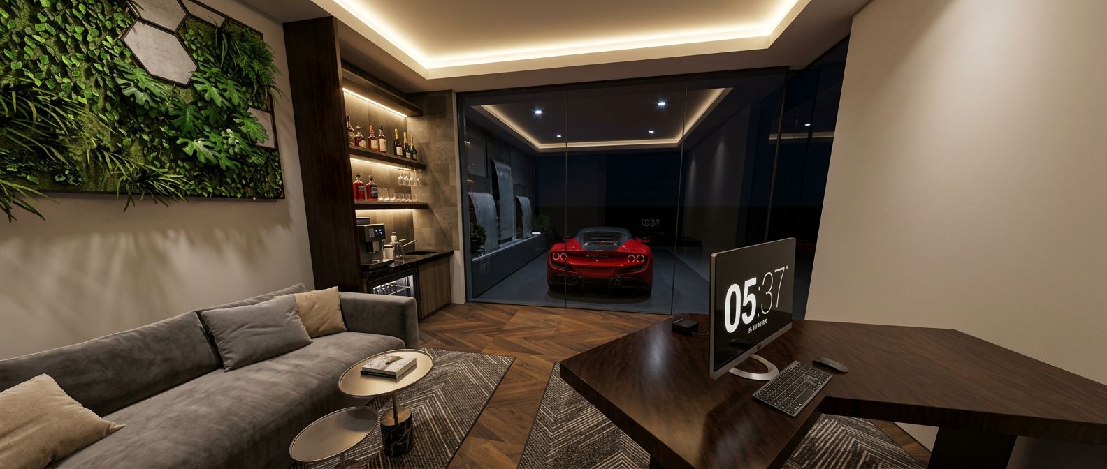 Mancave render — study, bar and glass-walled Ferrari showroom