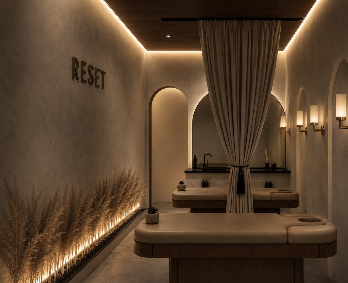 Sage & Serenity Spa — treatment suite with vanity, arched niches and cove lighting
