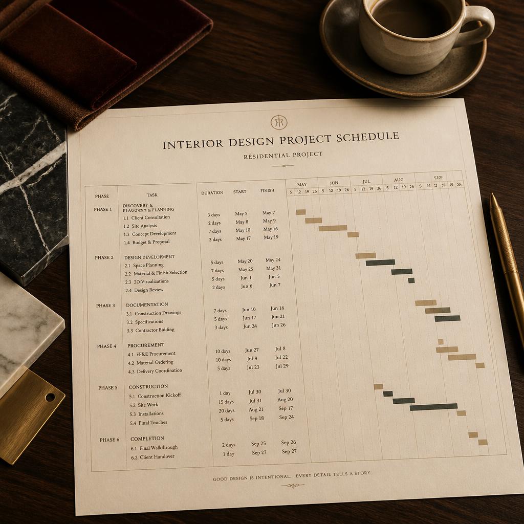 Printed interior design project schedule and Gantt chart on a dark oak desk with velvet, marble and brass samples