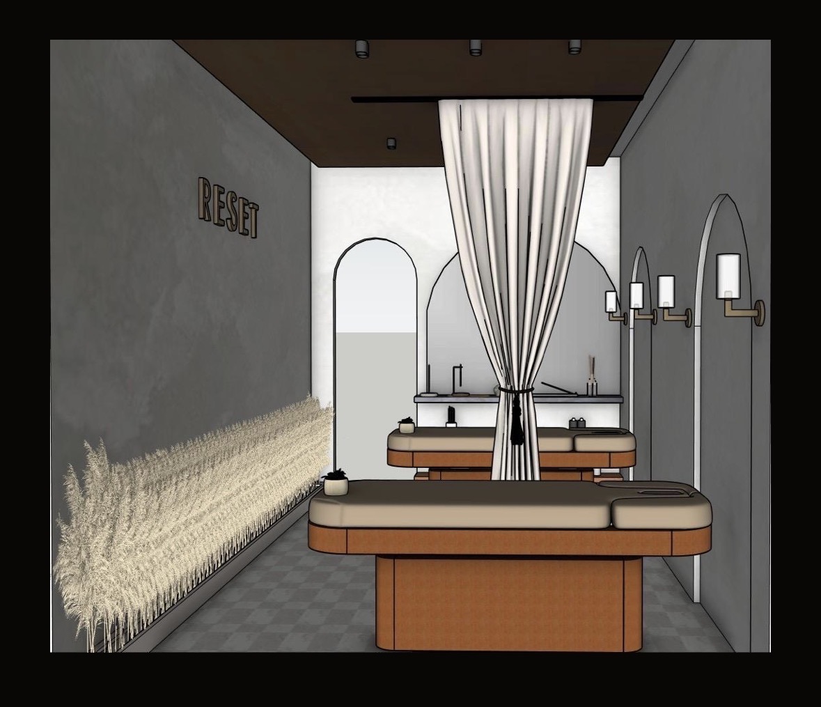 Sage & Serenity Spa — RESET treatment room concept with drapery, pampas and massage beds