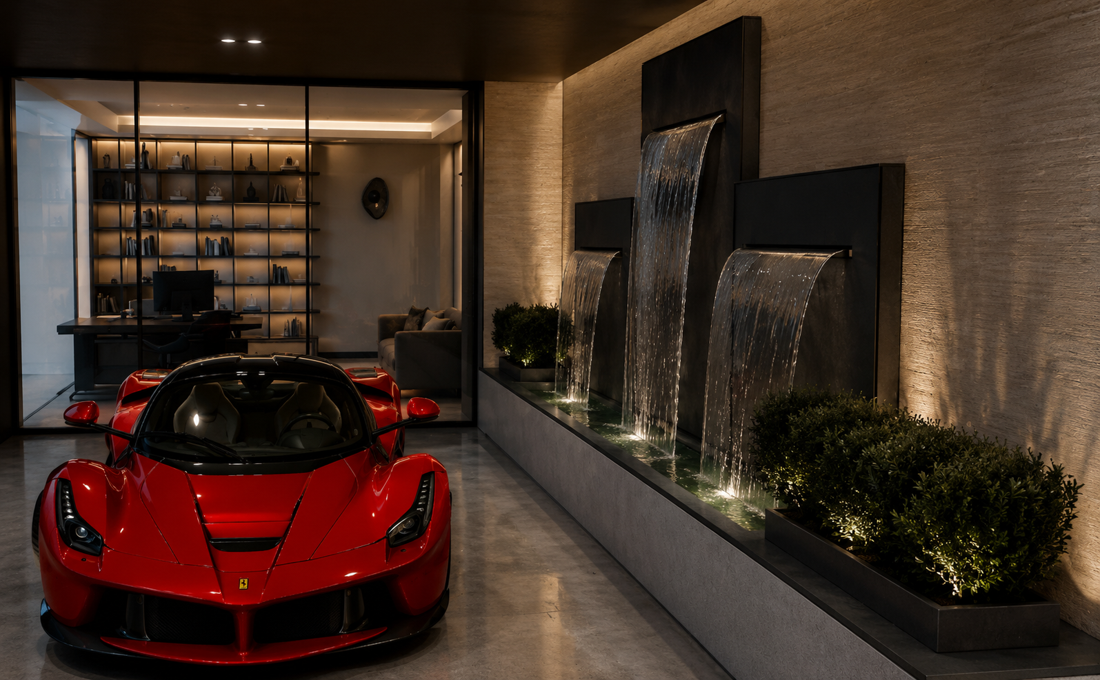 Mancave — living green wall, bar and Ferrari showroom in daylight