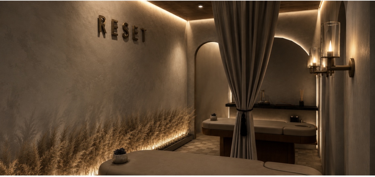 Sage & Serenity Spa — RESET treatment room with drapery, sconces and pampas planter