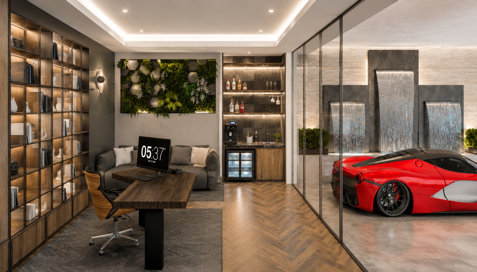 Mancave render — Ferrari LaFerrari beside travertine waterfall feature wall