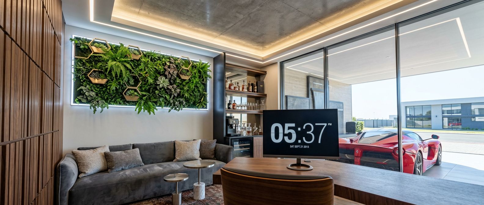 Luxury minimalist interior with sculptural furniture and warm light