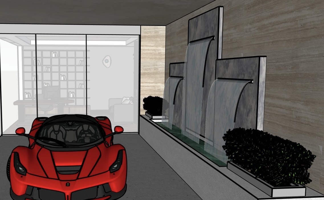 Mancave render — lounge with living green wall, bar and Ferrari showroom at night