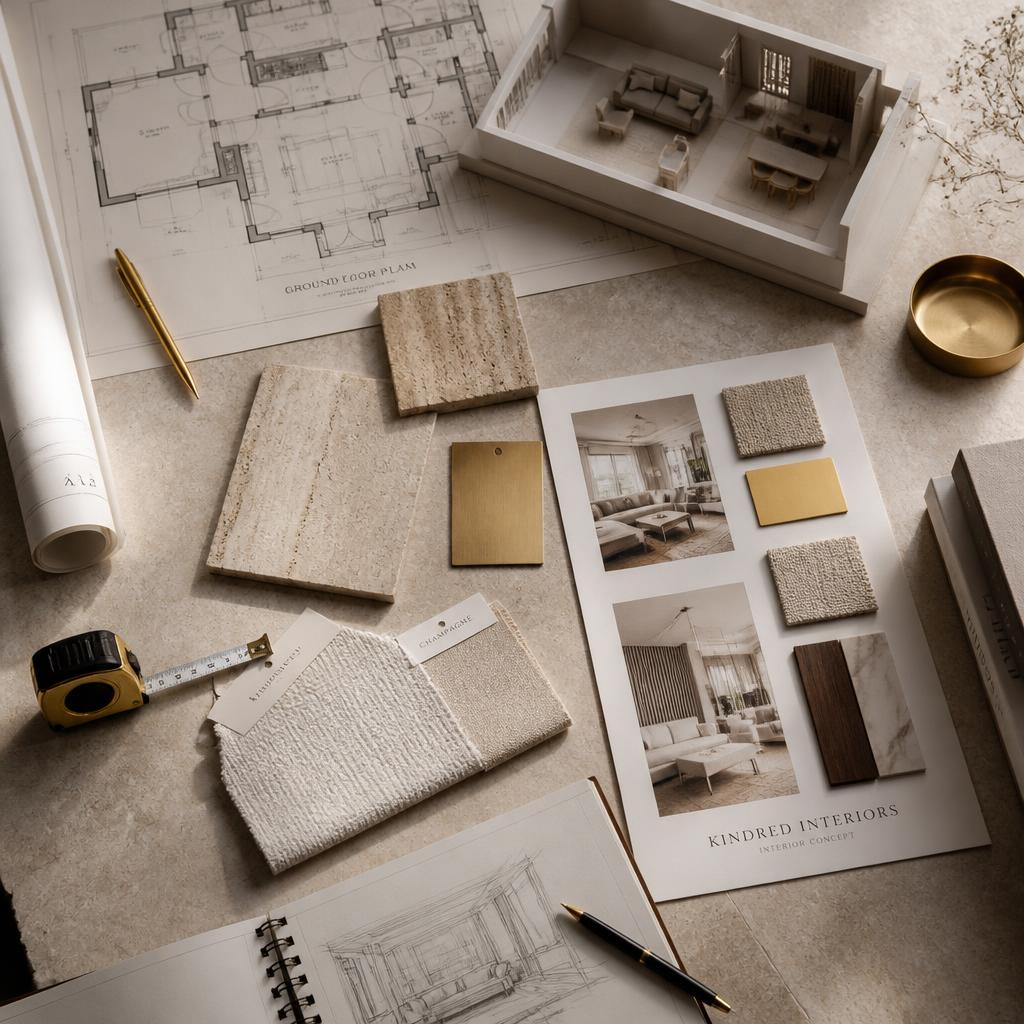 Flatlay of blueprints, travertine and brass swatches, tape measure and a scale model of a modern interior