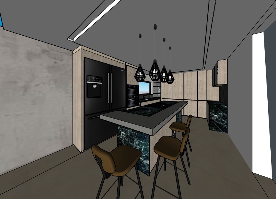 Kitchen concept — SketchUp view of island, pendants and joinery