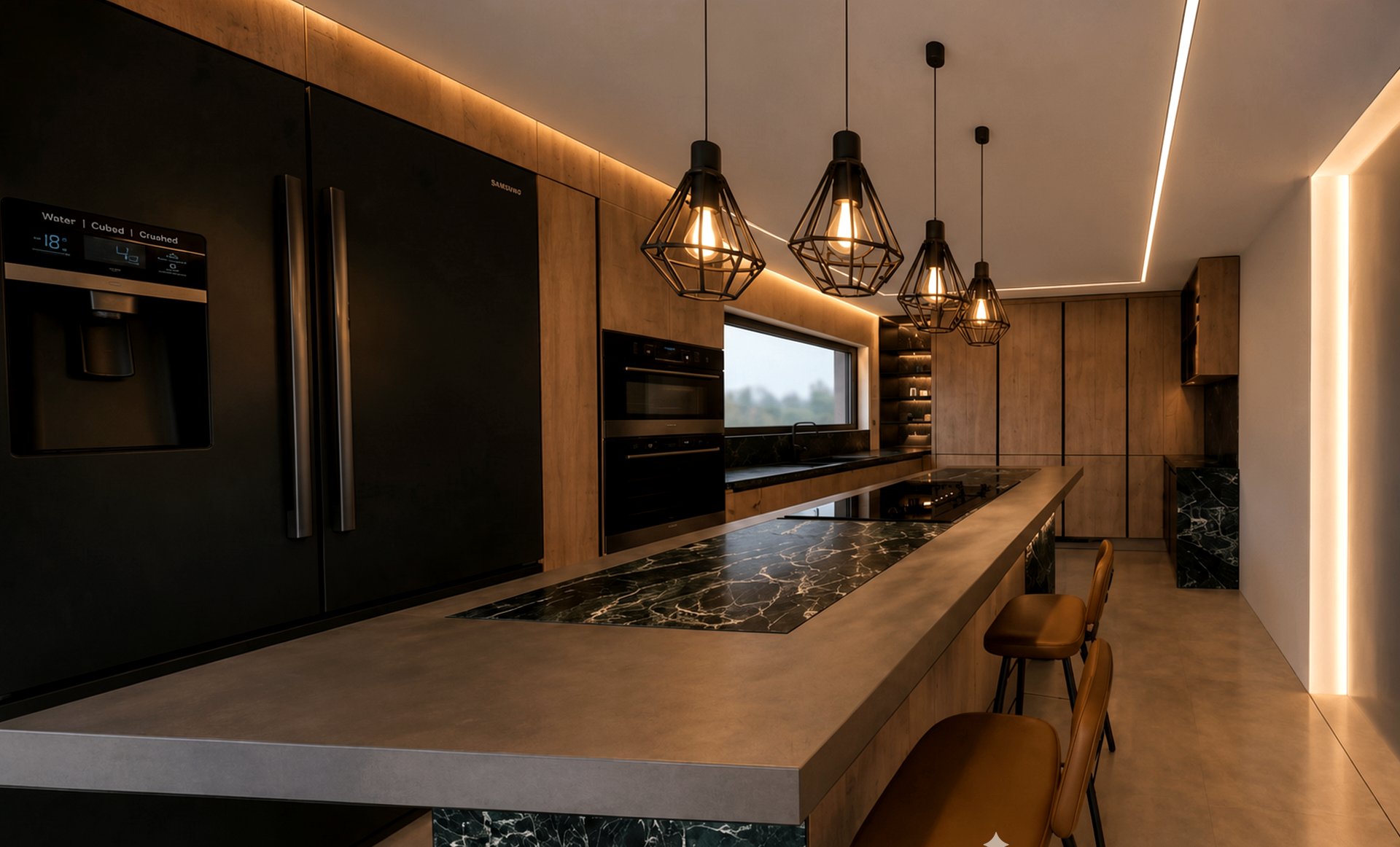 Kitchen render — long concrete-topped island with green marble inlay