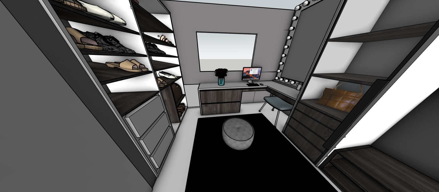 Walk-in closet with open joinery, vanity station, and integrated storage