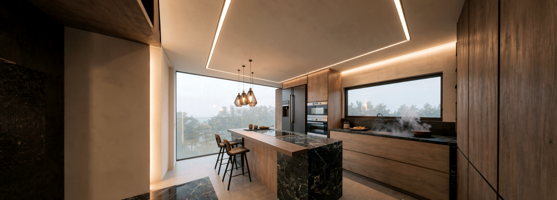 Kitchen render — dusk view with cove lighting and green marble surfaces