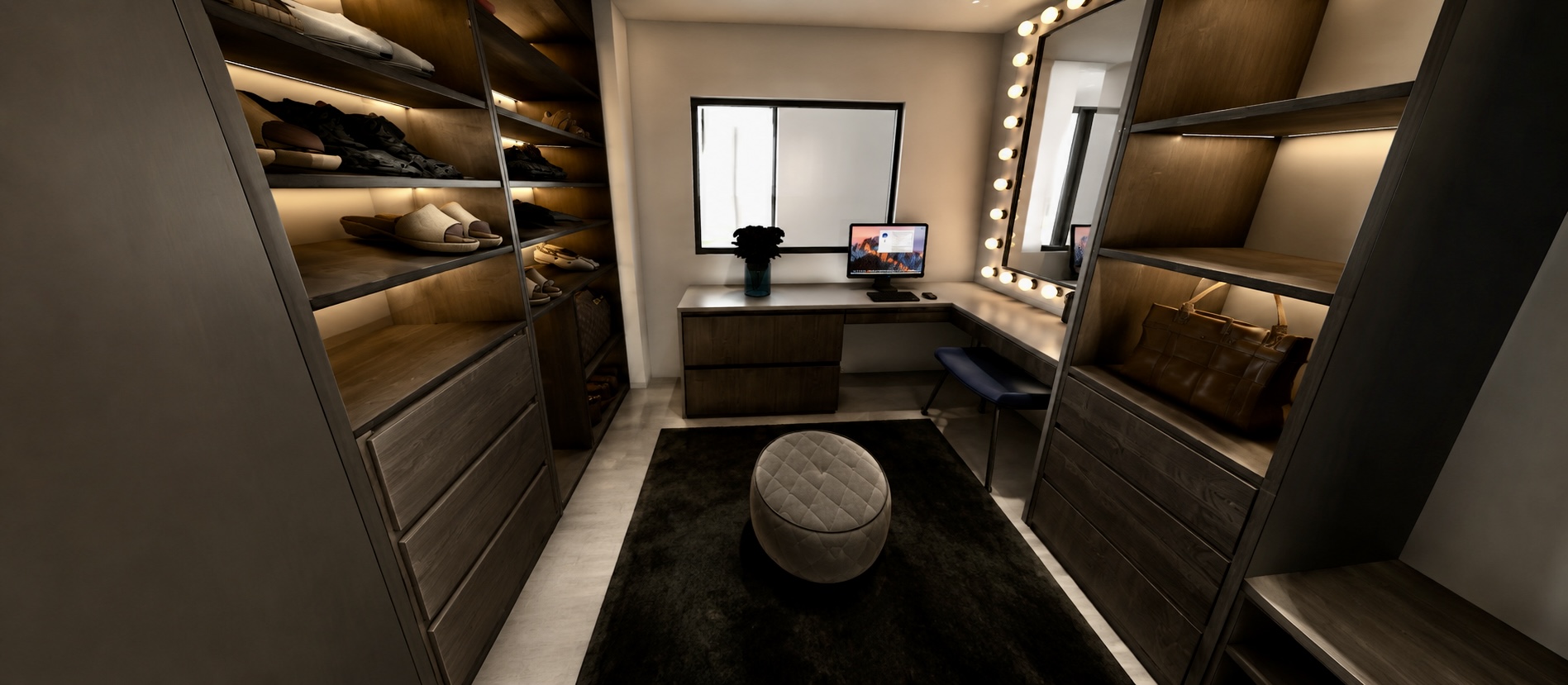 Walk-in closet with backlit shelving, drawers and Hollywood vanity mirror