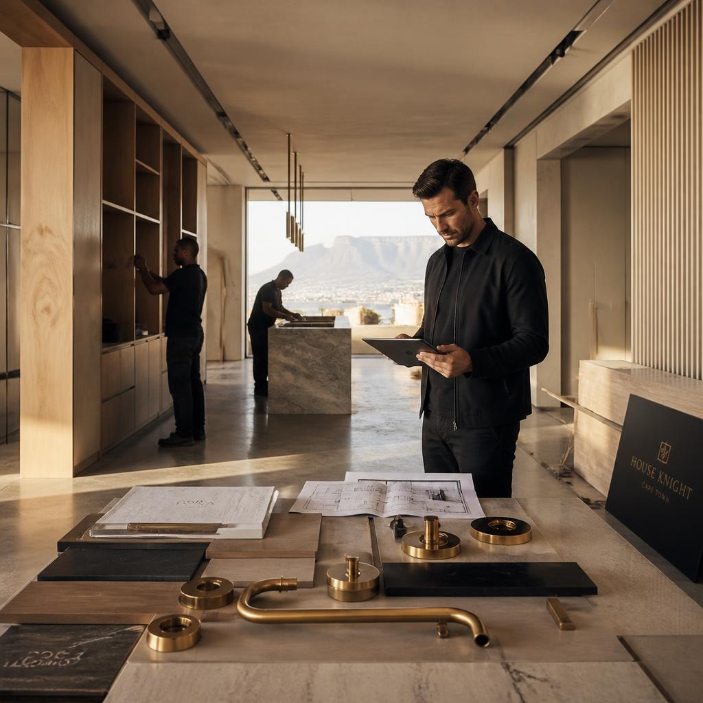 Project manager reviewing plans on a tablet on a luxury interior fit-out site with brass fixtures and stone samples