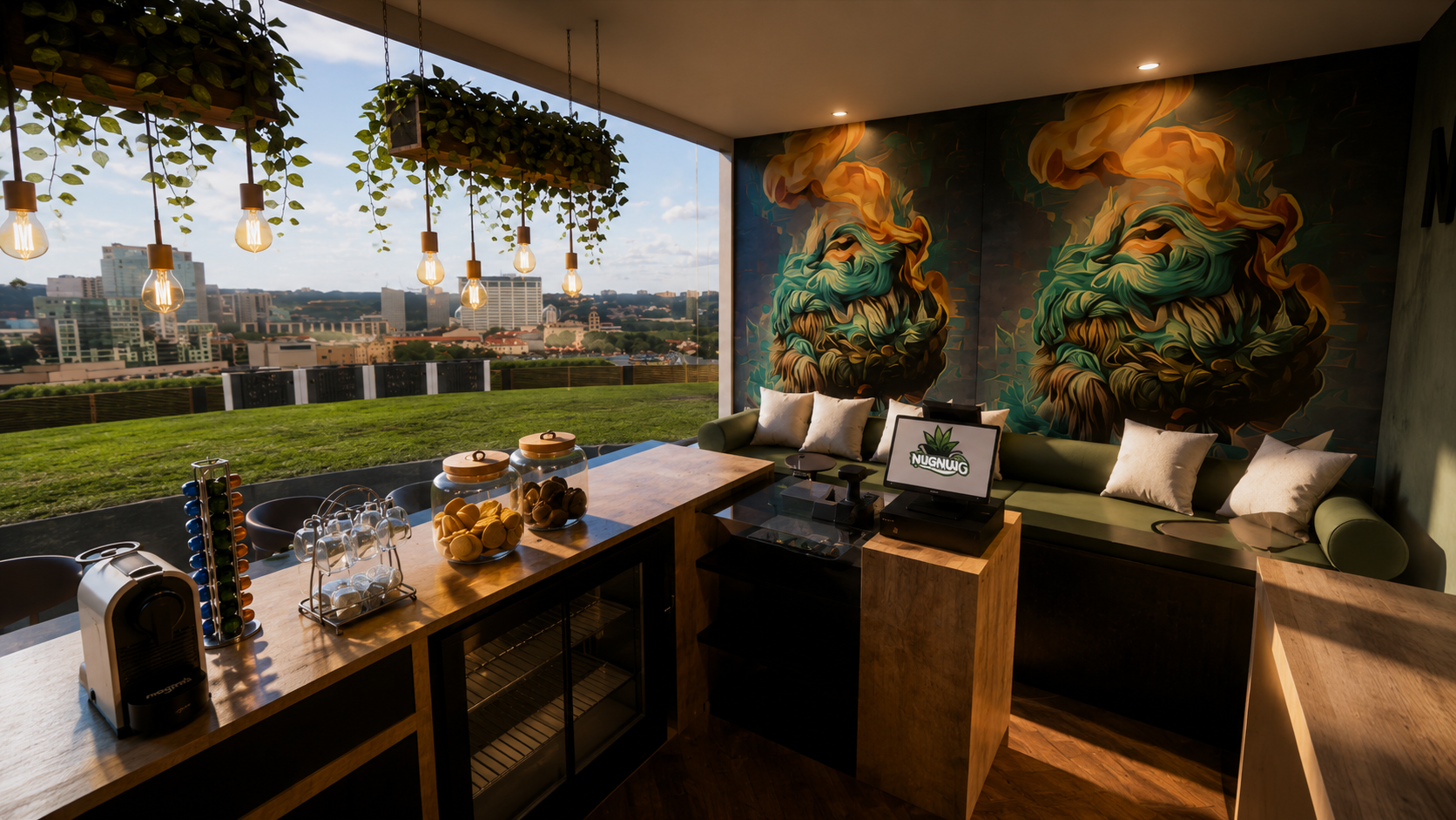 NUG terrace bar with skyline view and mural detail