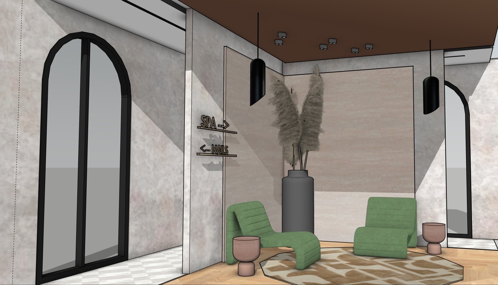 Sage & Serenity Spa — angled view of lounge with arched windows and pampas centrepiece