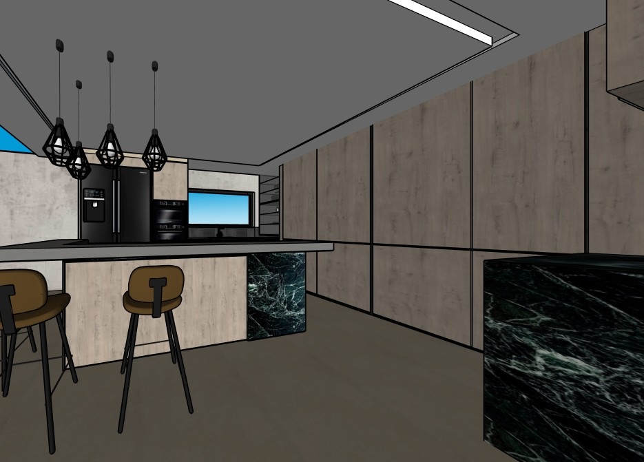 Kitchen concept — SketchUp view along tall joinery wall and island