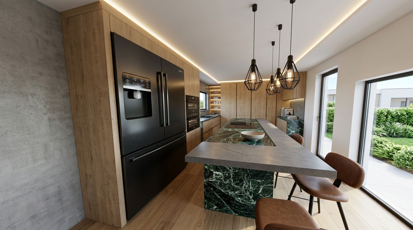 Kitchen render — dining side of island with green marble waterfall