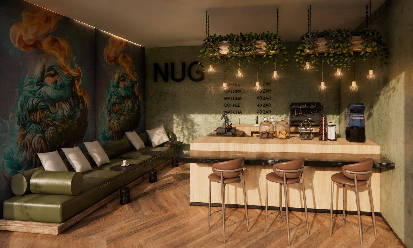 NUG lounge with olive leather banquette and mural feature wall