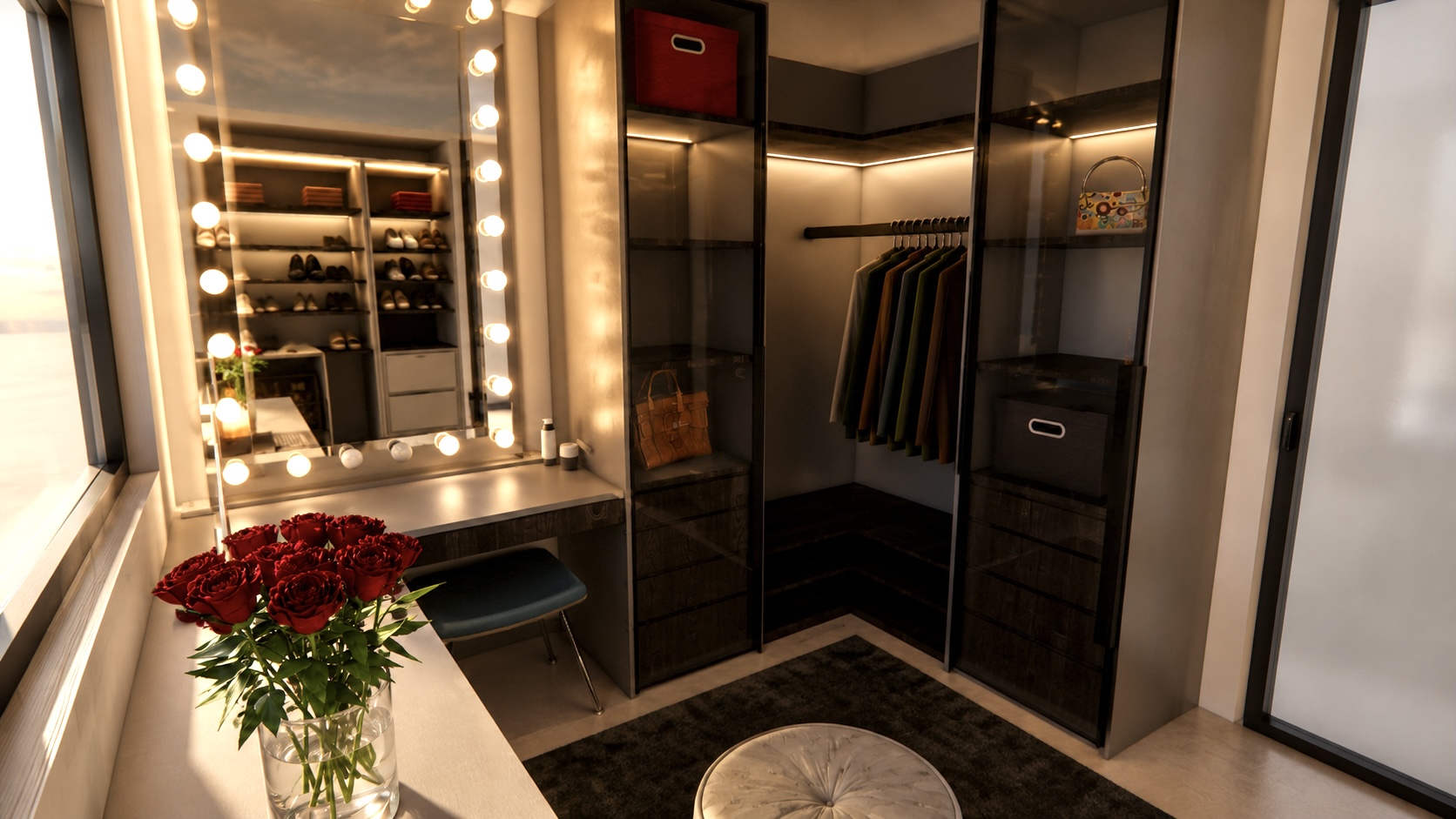 Corner walk-in closet with glass-front cabinetry and Hollywood vanity