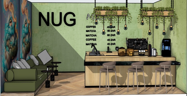 NUG coffee bar concept sketch — counter, pendant lighting, menu mural and olive seating