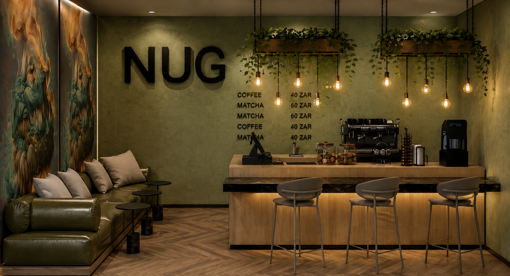 NUG café counter with pendant filament lighting and hanging planters