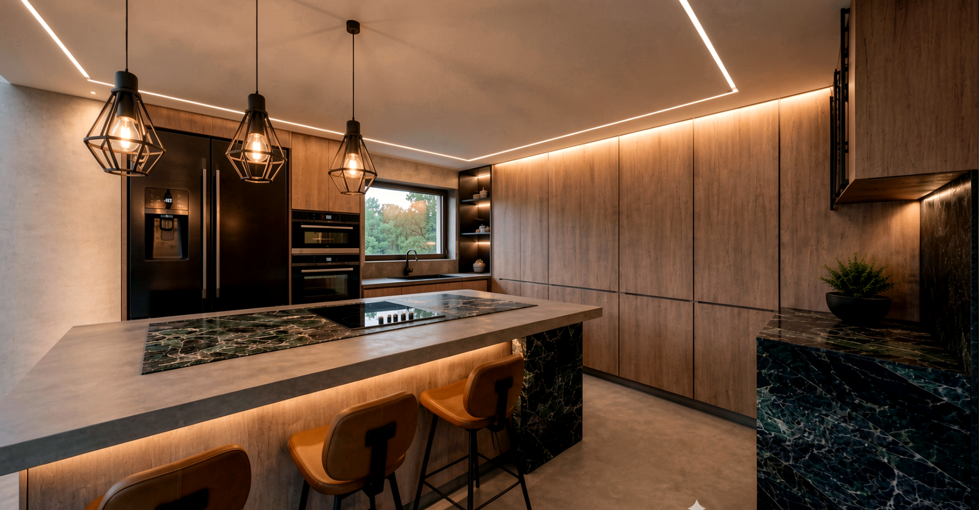 Kitchen render — pendant lighting, timber joinery and green marble island