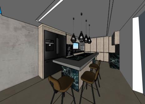 Kitchen concept — island with pendant lighting, timber joinery and green marble detail